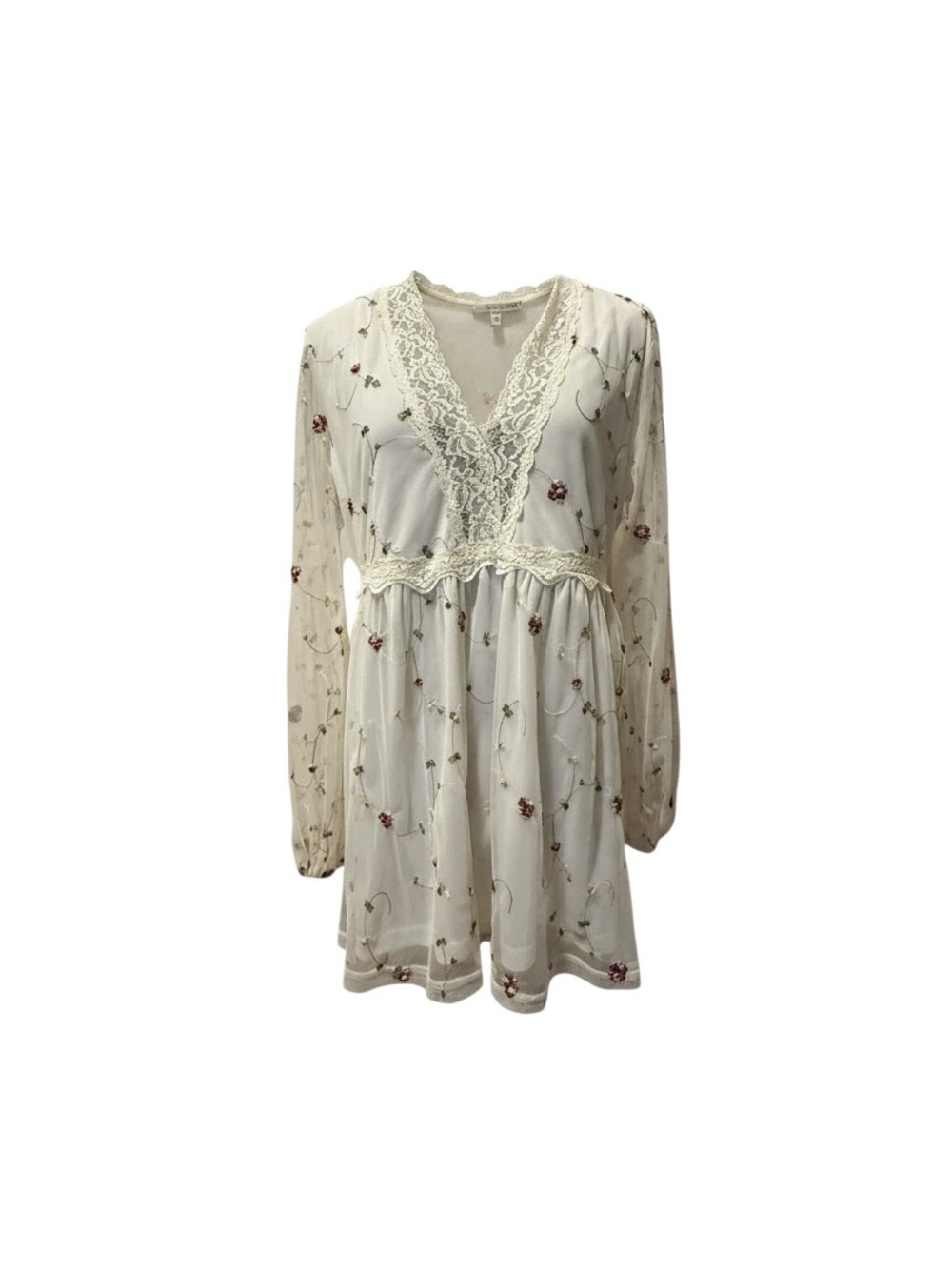 Suzanne Betro Ivory Lace-Trim Embroidered Long Sleeve Mini Dress